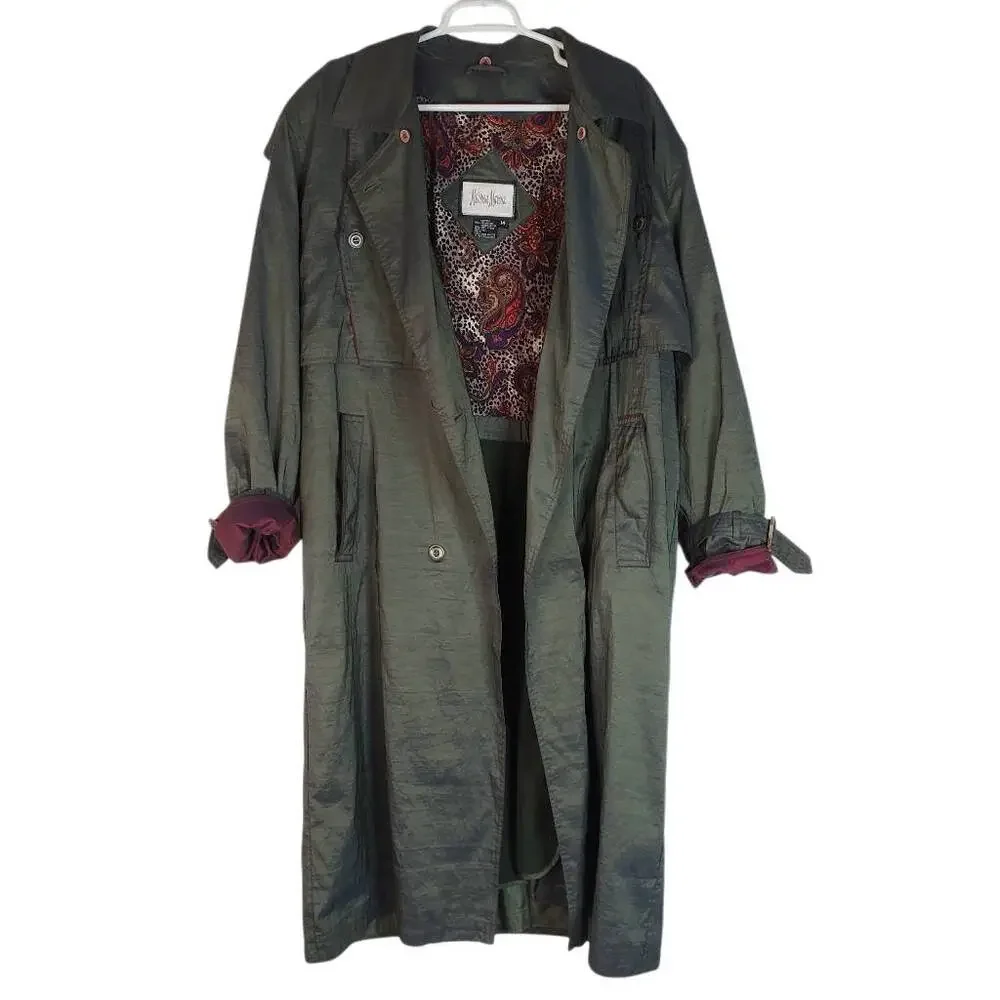 Neiman Marcus Double Breasted Belted Water Resistant Trench Coat Olive Green 14‎